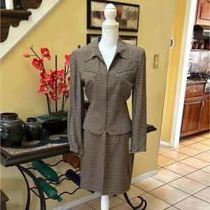 Vintage 90’s Y2K Silk Brown Beige Houndstooth Career Academia Skirt Suit NWT